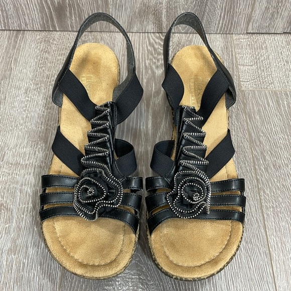 Rieker Antistress Black Leather Strappy Wedge Sandal Zipper Rosette 41 (US 9) - Picture 2 of 16